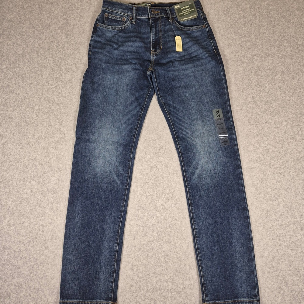 NWT Mutual Weave The Straight Jeans Mens 30x32 Blue Dark Wash Stretch Denim
